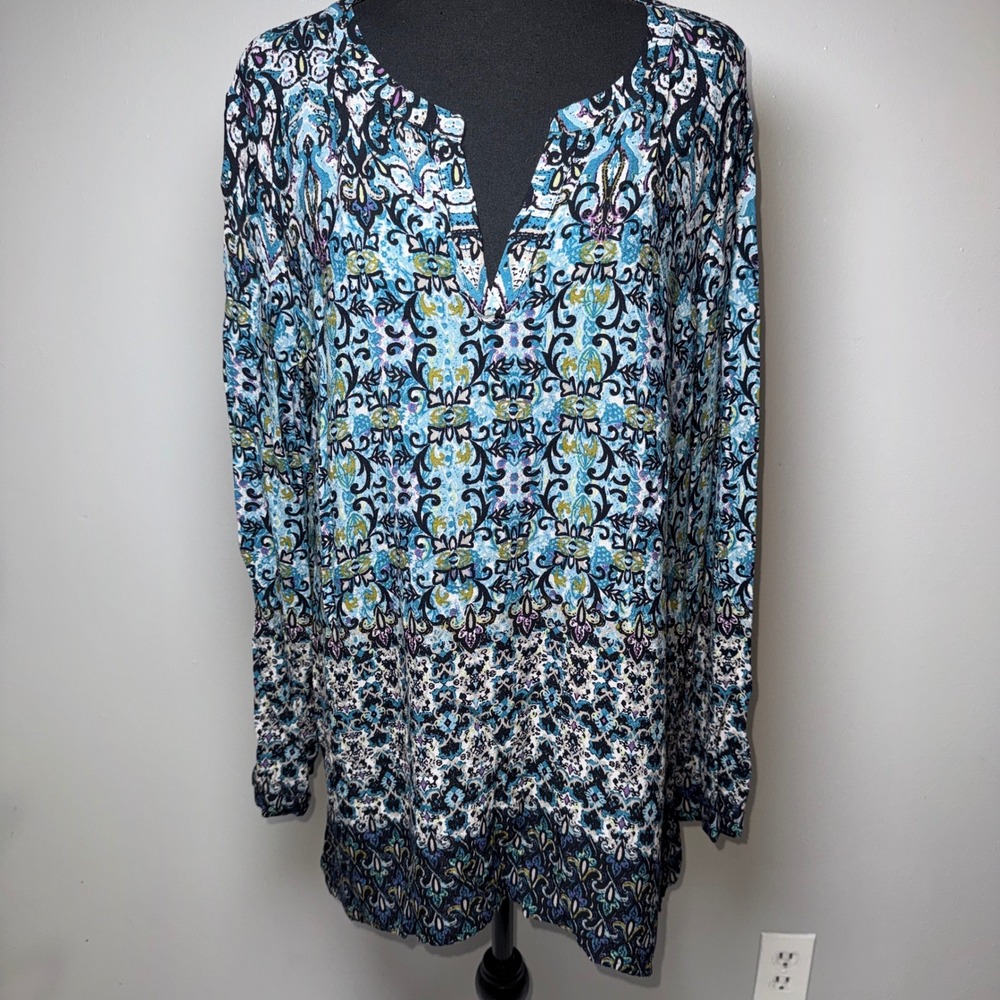 J.‎ Jill Blue Paisley Damask Split Neck Tunic Blouse Womens Large Long Sleeve